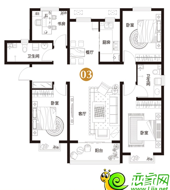 户型解析:万浩金百合北区130㎡的三室两厅两卫户型,南北通透,朝南客厅