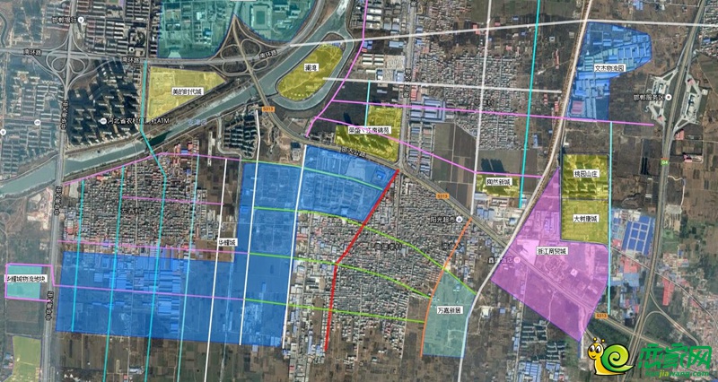 在邯郸南部,围绕两个商贸中心规划了许多条道路,部分道路将连接滏东