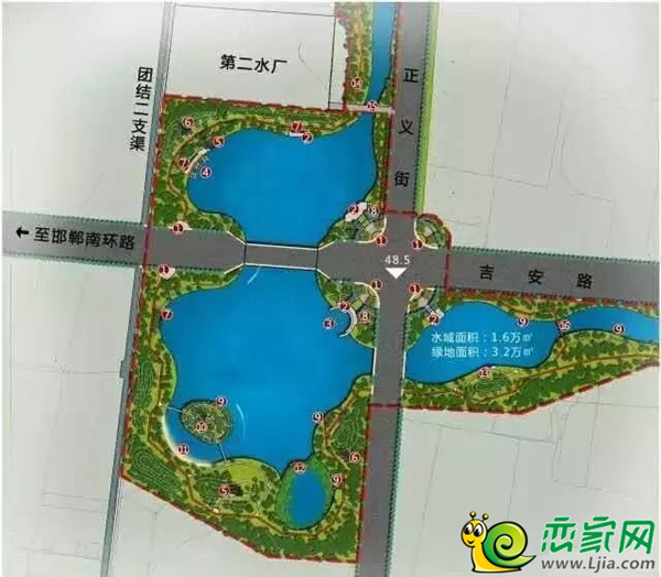 正义街→幸福大道→团结渠→正义街,环绕城区,水系景观将