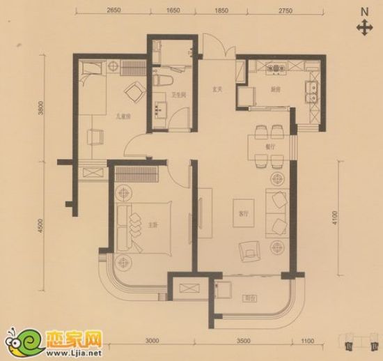 拉德芳斯b户型 85㎡两室两厅一卫