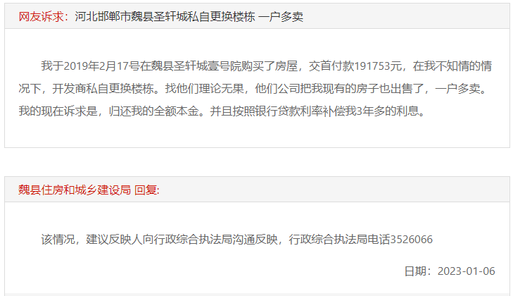 關(guān)于邯鄲魏縣圣軒城私自更換樓棟一戶多賣的回復(fù)