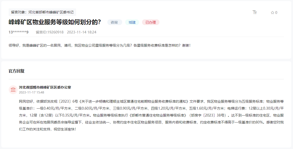 關(guān)于邯鄲峰峰礦區(qū)物業(yè)服務(wù)等級(jí)是如何劃分的回復(fù)