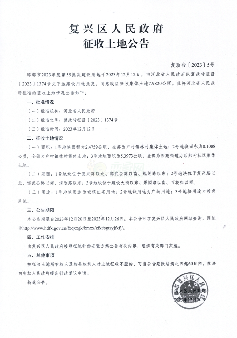 邯鄲復(fù)興區(qū)征收約200畝土地，涉及林村和后郝村社區(qū)！