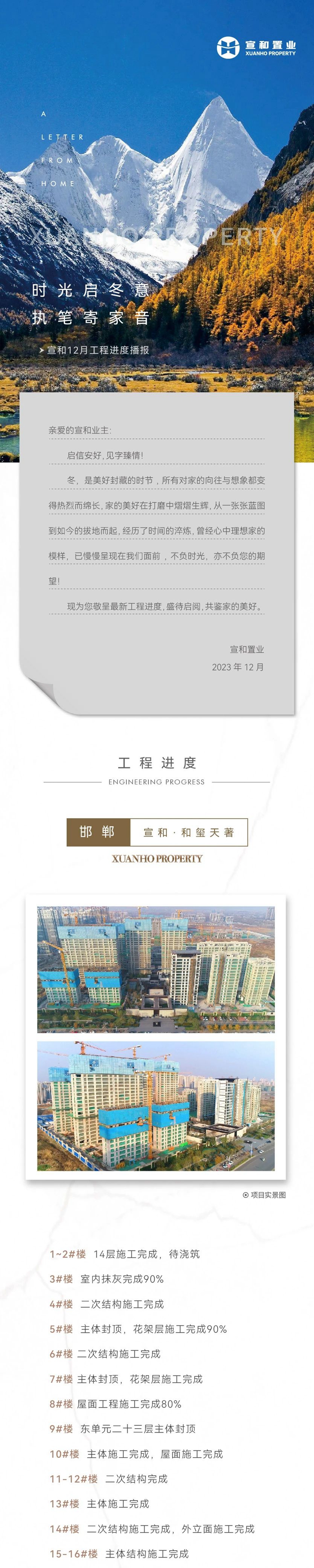 邯鄲宣和和璽天著、曲周宣和叁號院、曲周宣和塵林間一期、曲周宣和塵林間二期、廣平宣和壹號院、廣平宣和貳號院、館陶宣和壹號院、大名宣和翰林府、大名宣和塵林間12月工程進(jìn)度播報(bào)來了，請查收！