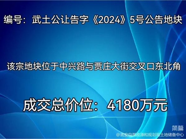武安成功出讓五宗國(guó)有建設(shè)用地使用權(quán)，成交總價(jià)1.946億元。