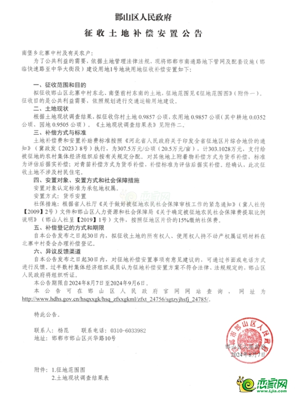 補償14482萬元，邯山區(qū)征地927畝用于交通運輸?shù)冉ㄔO(shè)！