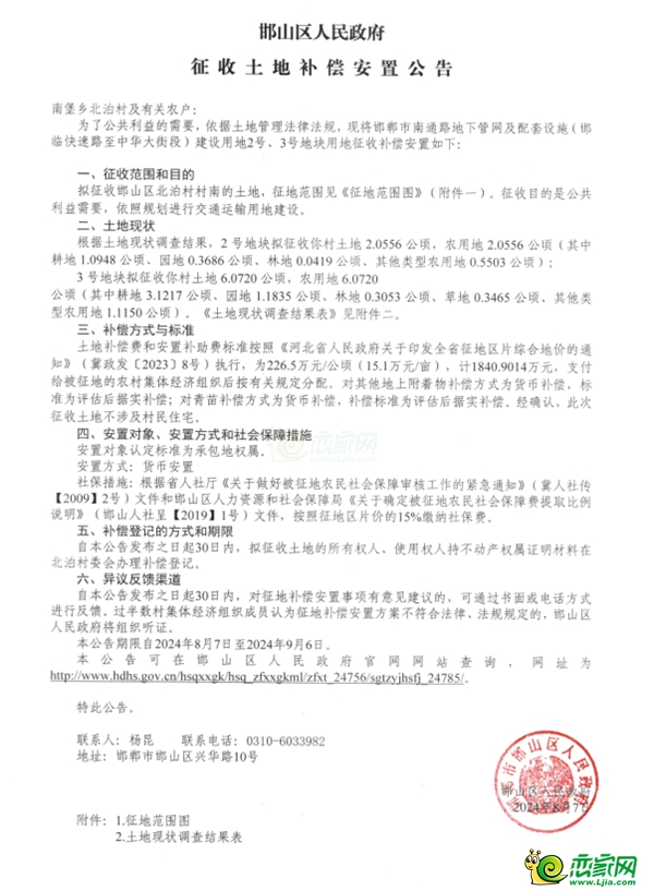 補償14482萬元，邯山區(qū)征地927畝用于交通運輸?shù)冉ㄔO(shè)！