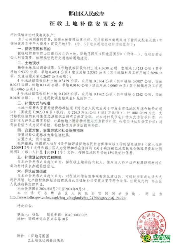 補償14482萬元，邯山區(qū)征地927畝用于交通運輸?shù)冉ㄔO(shè)！