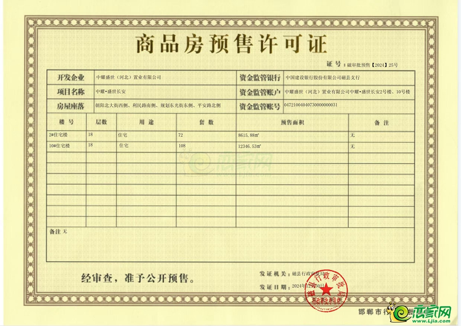 磁縣行政審批局關(guān)于中耀·盛世長安2#住宅樓、10#住宅樓商品房預(yù)售許可的公示
