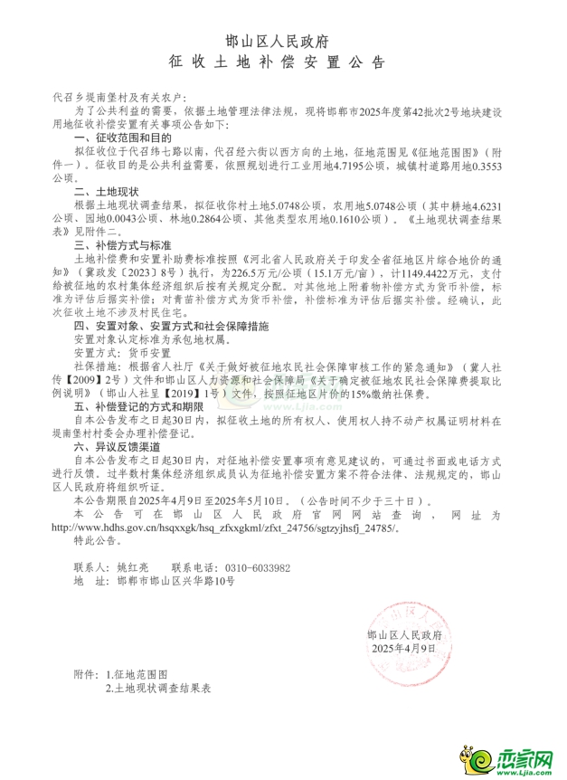 補(bǔ)償2753萬(wàn)元，邯山區(qū)征地182畝用于商業(yè)和道路等建設(shè)！