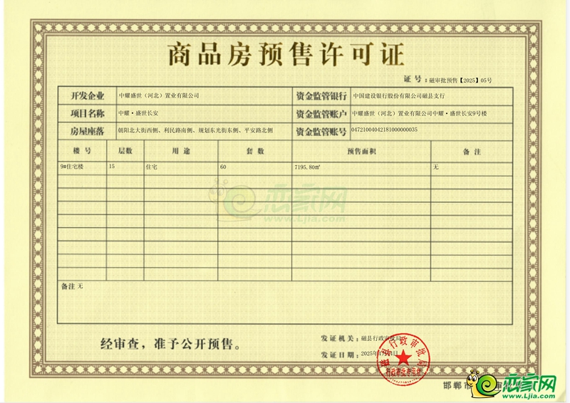 關于磁縣中耀盛世長安9#住宅樓商品房預售許可的公示